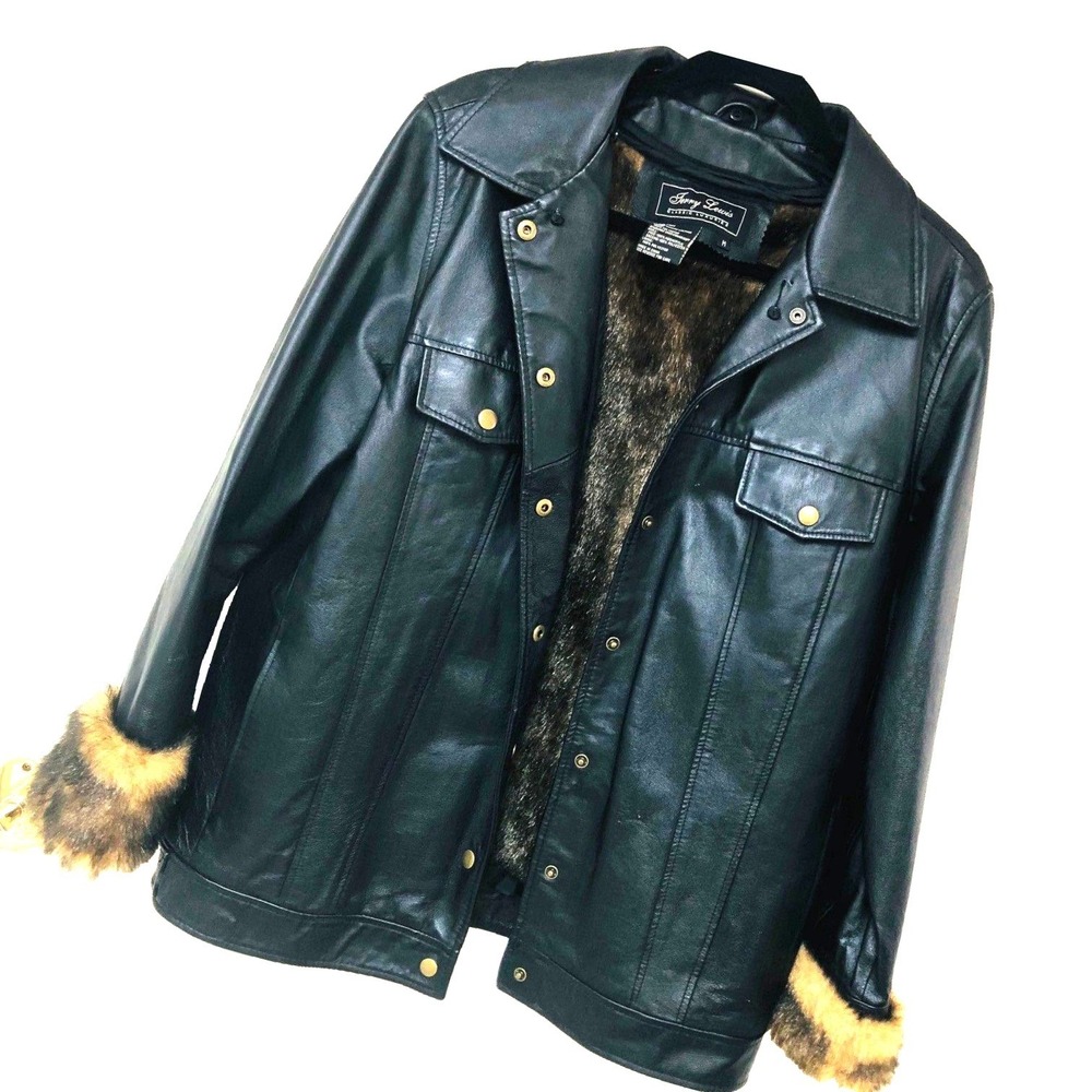 Terry Lewis Black‎ Leather Jacket Zip Faux Fur Goth Witchy Whimsigoth Womens M